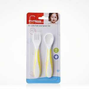 mumlove mini bi-color plastic baby feeding fork and spoon set d6303