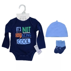 3 Piece Layette Set Long Sleeves Bodysuit, Cap And Socks