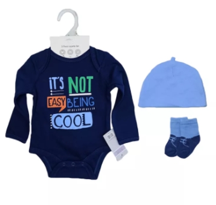3 Piece Layette Set Long Sleeves Bodysuit, Cap And Socks